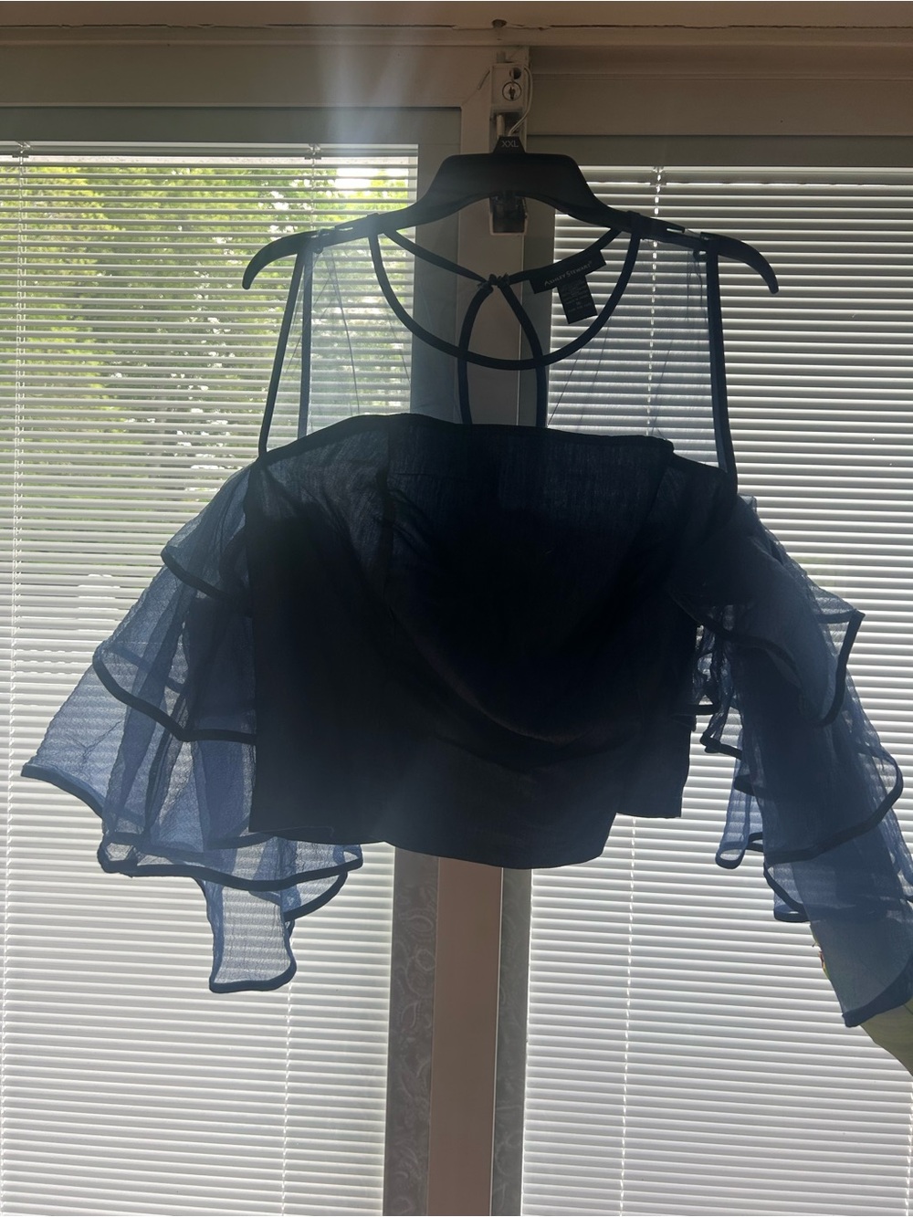 Ashley Stewart Navy Ruffle Mesh Crop Top with Gold Zip - Picture 2 of 4
